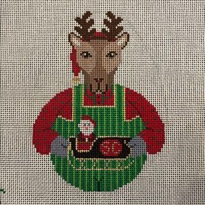 Reindeer holding Santa’s sleigh Handpainted Needlepoint Canvas 18 mesh ornament